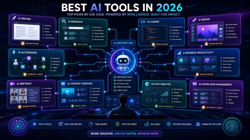 What Are the Best AI tools dashboard showing writing, research, coding, design, automation, business productivity, content creation, and analytics workflows