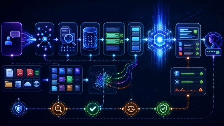 What Does RAG Stand For in AI: RAG architecture dashboard showing retrieval, knowledge bases, vector search, LLM generation, and source-grounded AI answers.