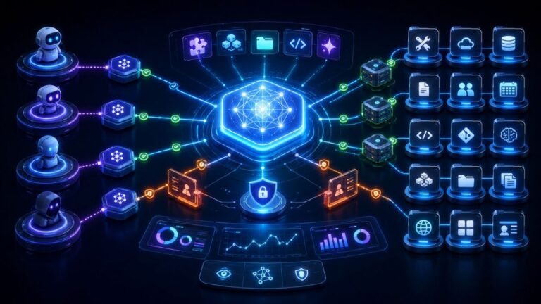 what is MCP and why does it matter for agentic AI:Model Context Protocol architecture showing AI agents connected to MCP servers, tools, APIs, databases, resources, prompts, security, and observability