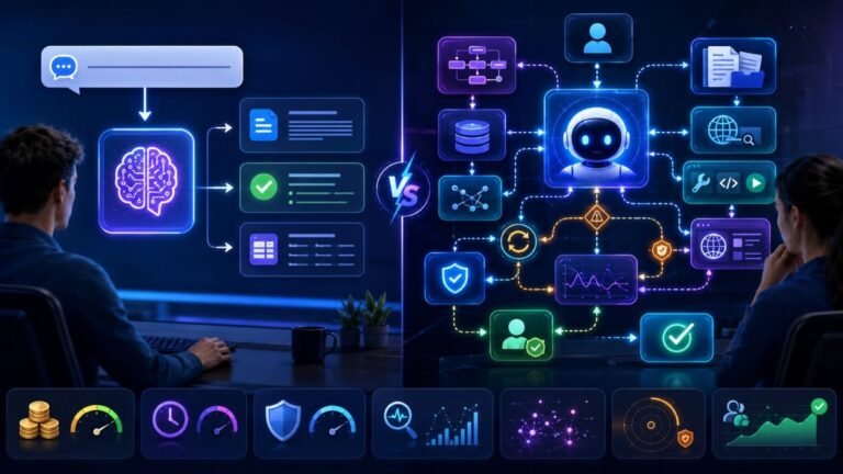When to Use Agentic AI vs a Standard LLM App: Decision dashboard comparing a standard LLM app with agentic AI workflows using planning, tools, memory, RAG, evaluation, and human approval