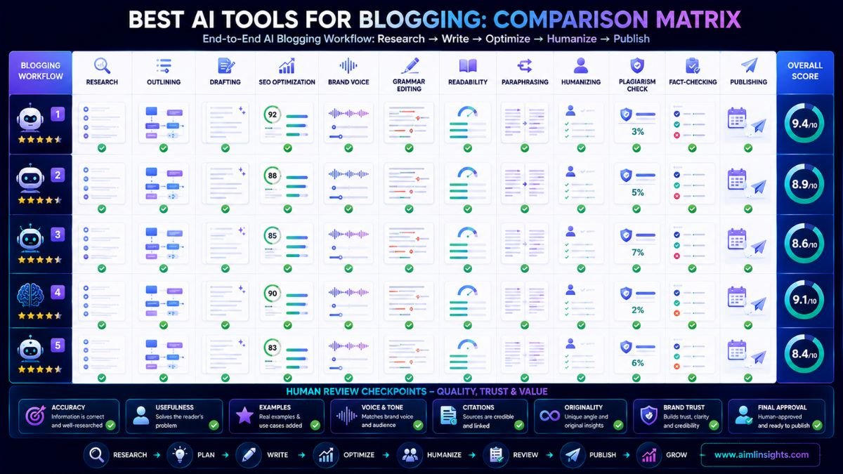 Comparison matrix of AI blogging tools for research, drafting, SEO, brand voice, grammar, readability, humanizing, fact-checking, and publishing