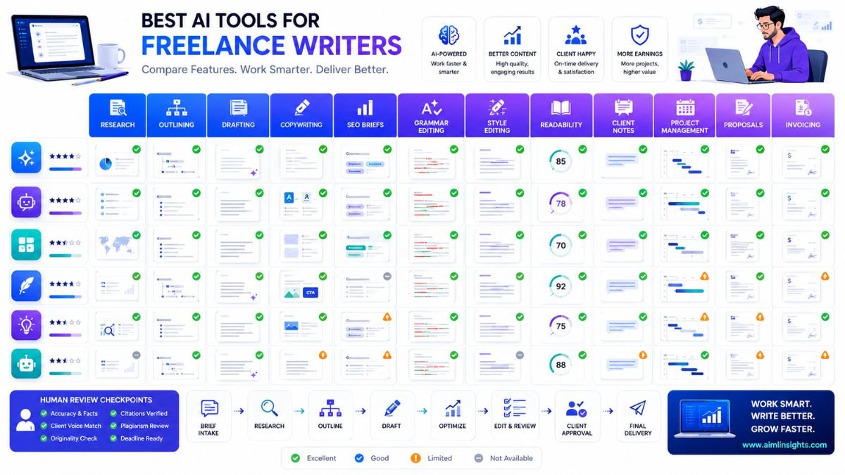 Comparison matrix of AI tools for freelance writers covering research, drafting, SEO briefs, grammar editing, style editing, project management, proposals, and client delivery