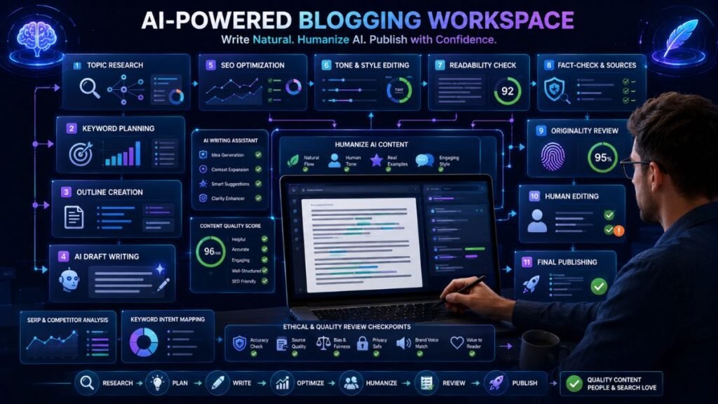 Best AI Tools for Blogging and Humanize AI: AI blogging dashboard showing SEO research, drafting, editing, readability checks, humanized AI content, originality review, and publishing workflow