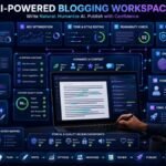 Best AI Tools for Blogging and Humanize AI: AI blogging dashboard showing SEO research, drafting, editing, readability checks, humanized AI content, originality review, and publishing workflow