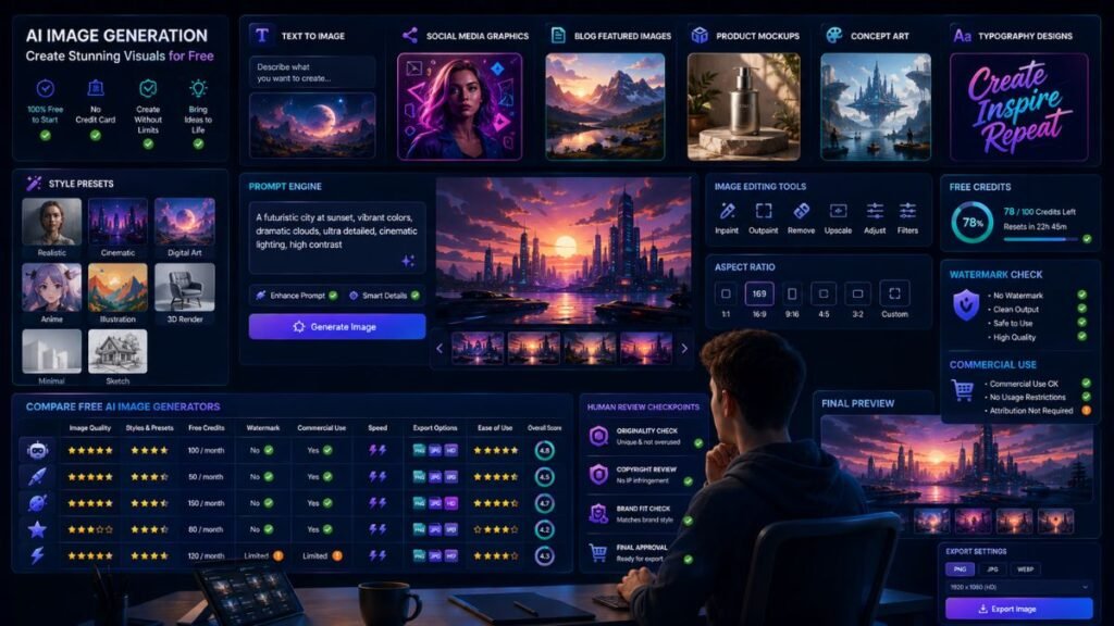 best AI tools for free image generation: Free AI image generation dashboard showing text-to-image prompts, social visuals, image editing, credit limits, watermark checks, and commercial-use review