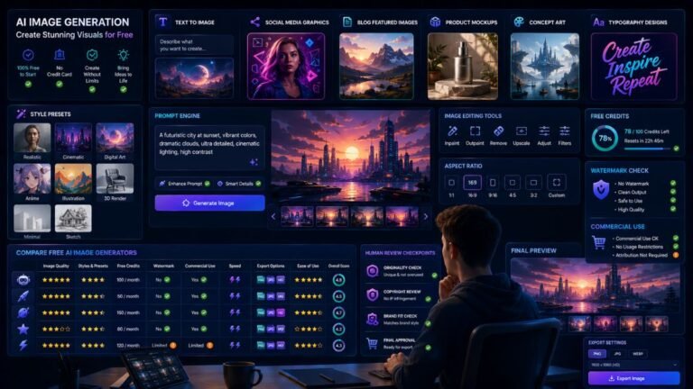 best AI tools for free image generation: Free AI image generation dashboard showing text-to-image prompts, social visuals, image editing, credit limits, watermark checks, and commercial-use review