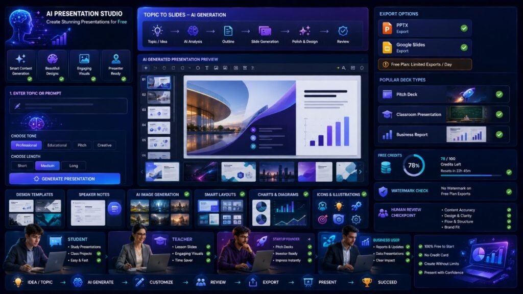 Best AI Tools for Free PPT :AI presentation dashboard showing free PPT generation, slide templates, prompt-to-slides, PPTX export, pitch deck workflow, and watermark review