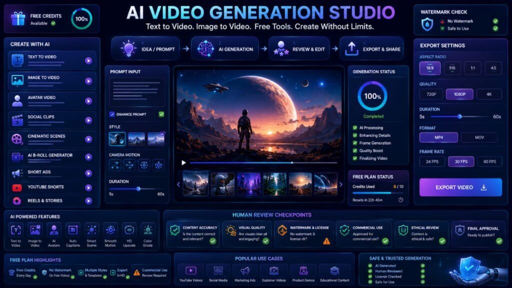 best AI tools for free video generation: AI video generation dashboard showing text-to-video, image-to-video, avatar clips, free credits, watermark checks, and export settings