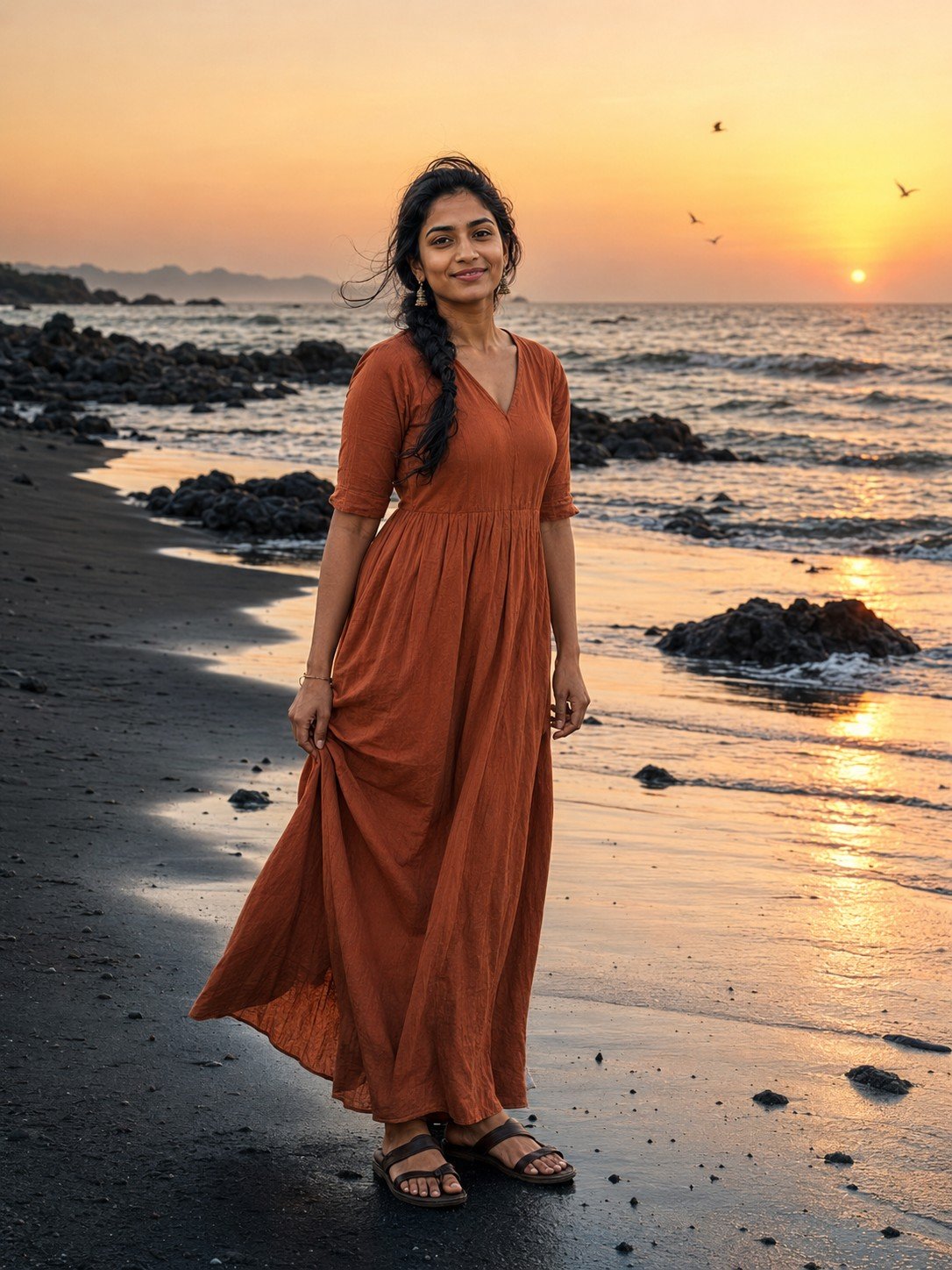 Woman in a rust maxi dress standing on a black-sand beach at sunset