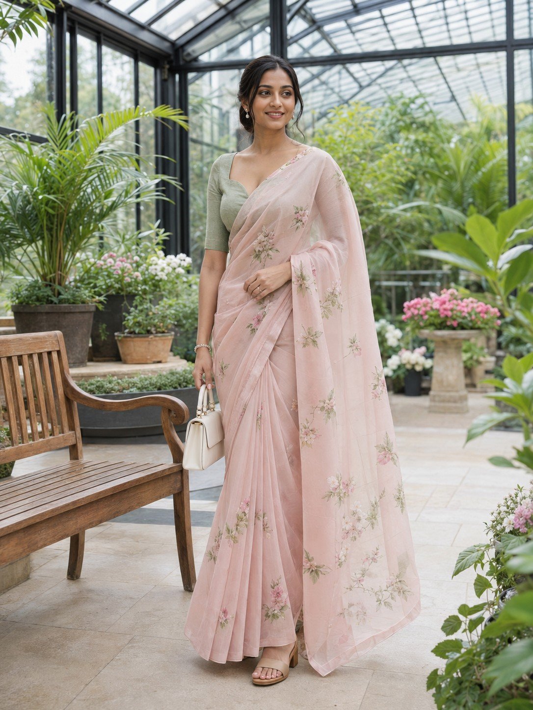 Indian woman in a blush floral organza saree inside a botanical conservatory