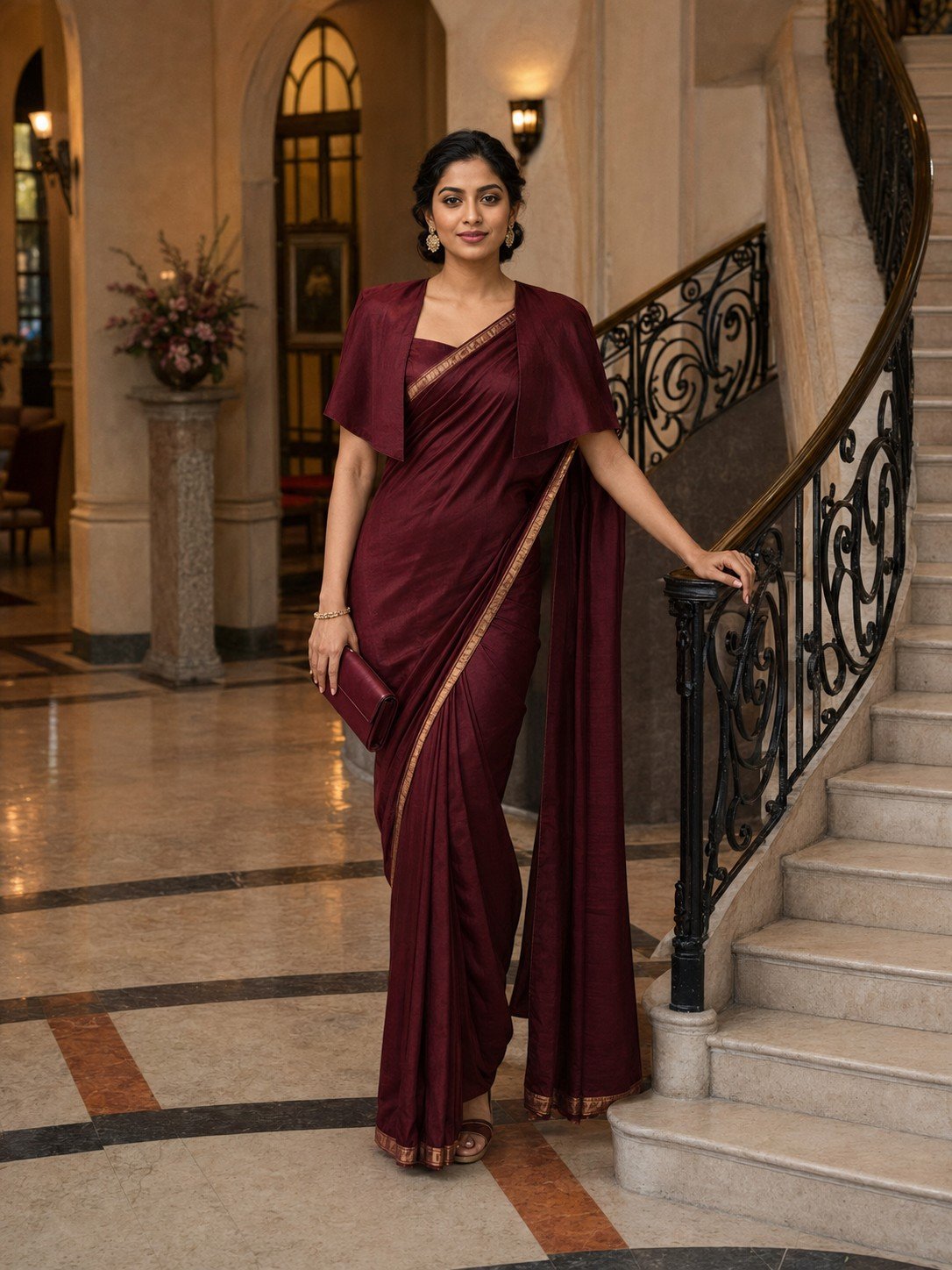 Indian woman in a burgundy saree with a cape blouse inside a heritage hotel