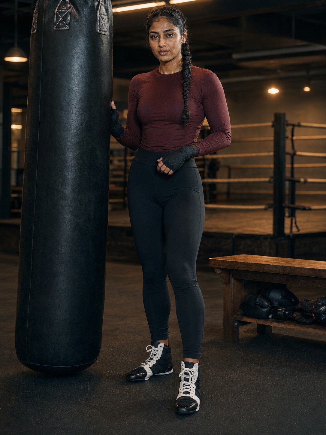 Athletic woman in burgundy workout clothing standing beside a boxing heavy bag