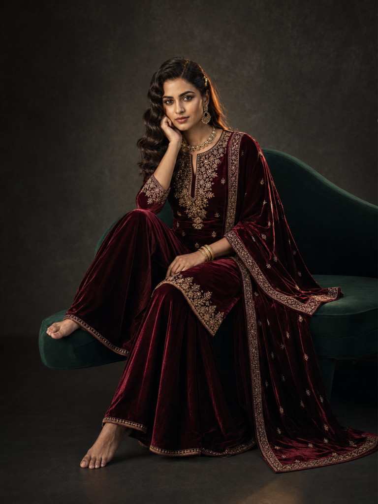 Young woman in a burgundy velvet sharara photographed in a dramatic studio using a ChatGPT prompt