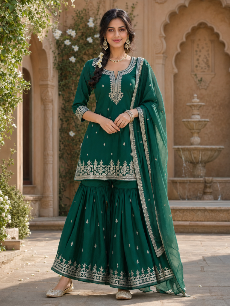 Girl wearing an emerald green sharara in a Mughal garden created with a ChatGPT image prompt