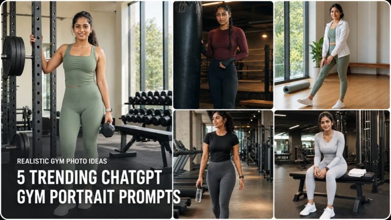 Collage of five realistic ChatGPT gym portrait prompts for women featuring strength, cardio, boxing, wellness, and post-workout scenes