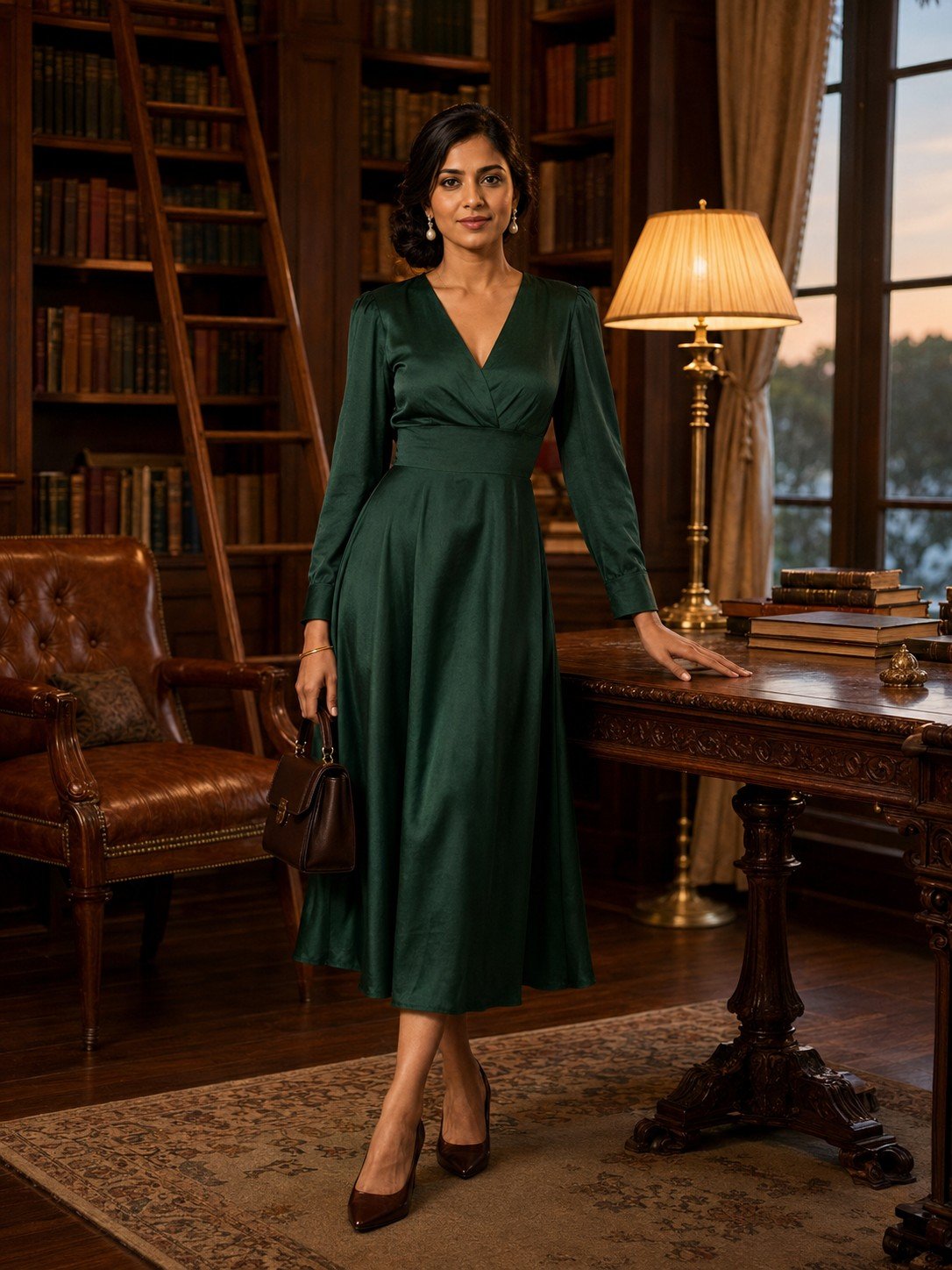 Elegant woman in an emerald silk dress inside a heritage hotel library