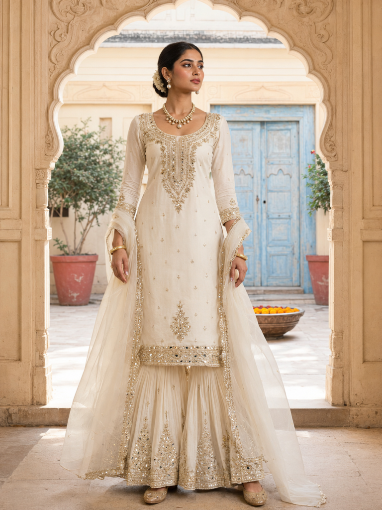 Indian girl in an ivory and gold sharara standing inside a Rajasthani haveli arch