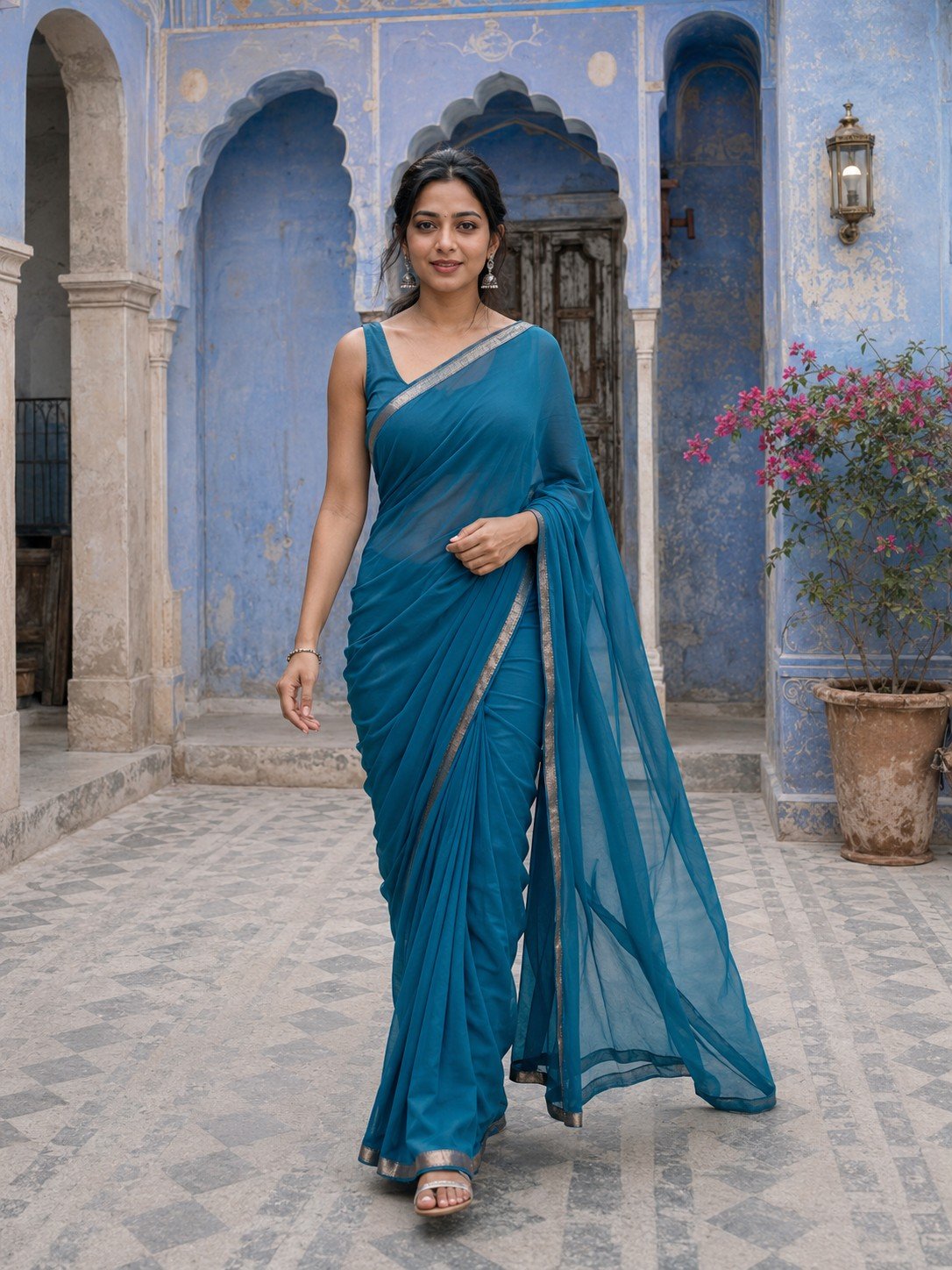 Indian woman in a teal saree walking through a blue Jaipur courtyard