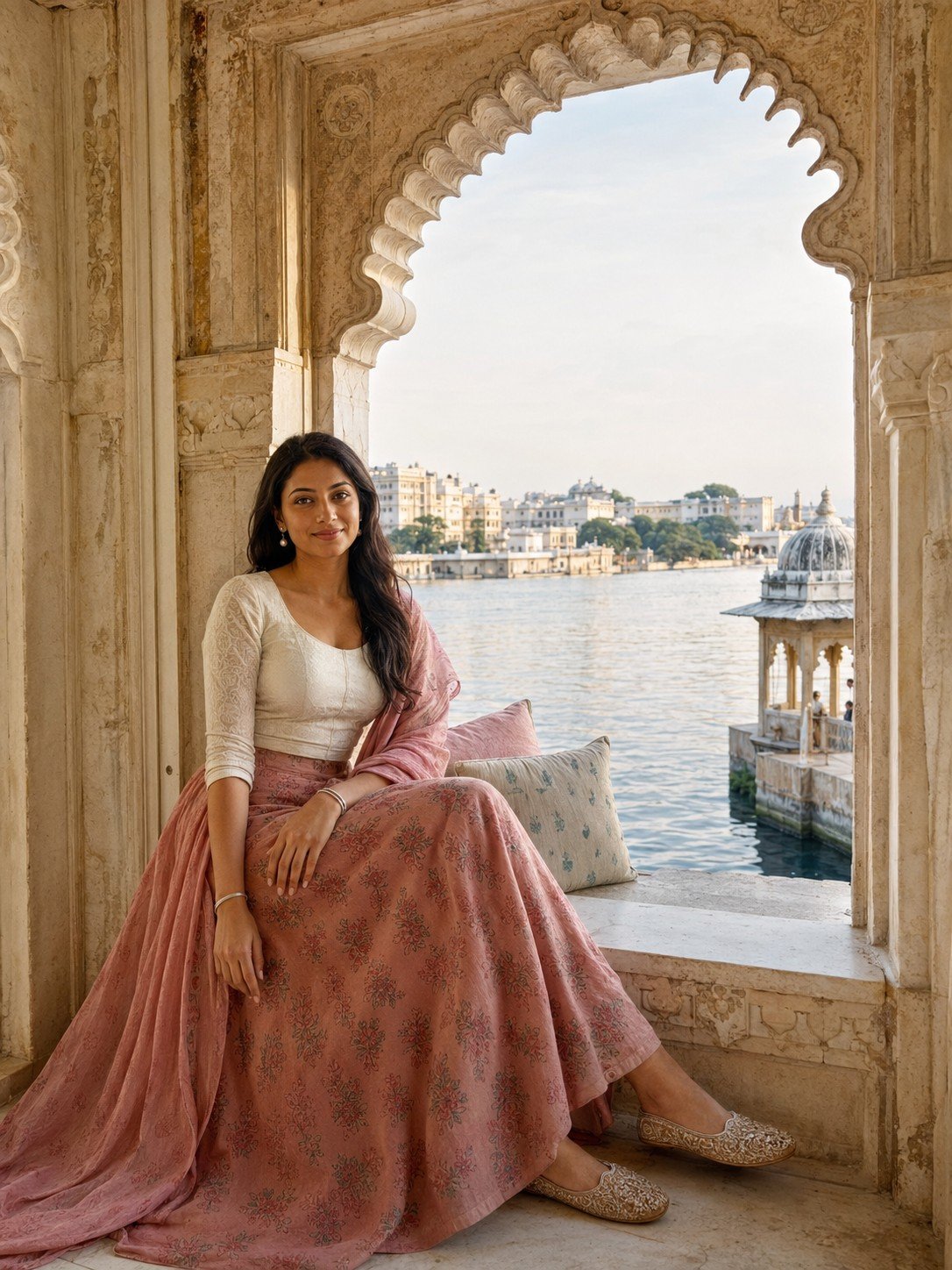 Indian woman in a dusty rose outfit seated in a jharokha overlooking Lake Pichola