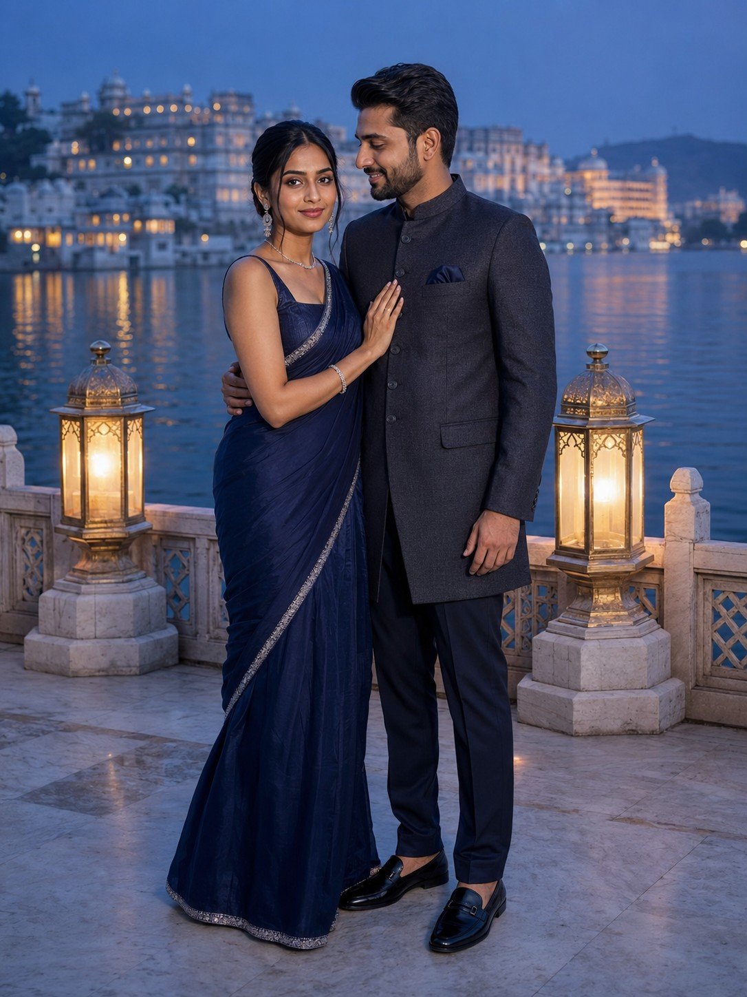 Indian couple in midnight blue and charcoal traditional outfits at a lakeside palace