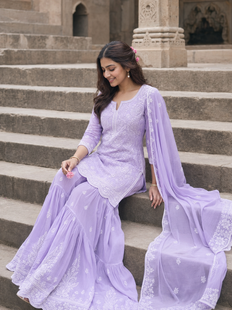 Girl in a pastel lavender sharara sitting on heritage stone steps in a ChatGPT-generated portrait