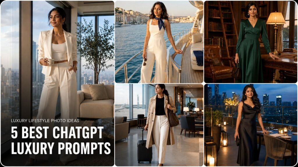 Collage of five ChatGPT luxury lifestyle prompts for women featuring penthouse, yacht, hotel, airport, and rooftop portraits
