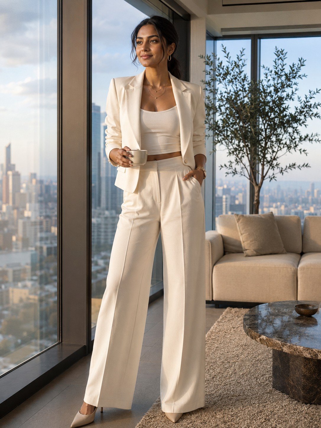 Elegant woman in a cream co-ord set inside a modern luxury penthouse