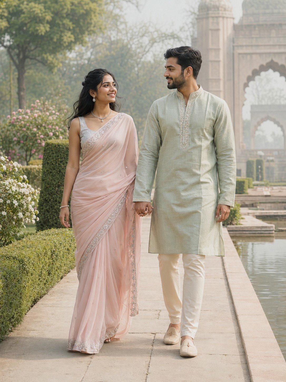 Indian couple in pastel traditional outfits walking through a Mughal garden