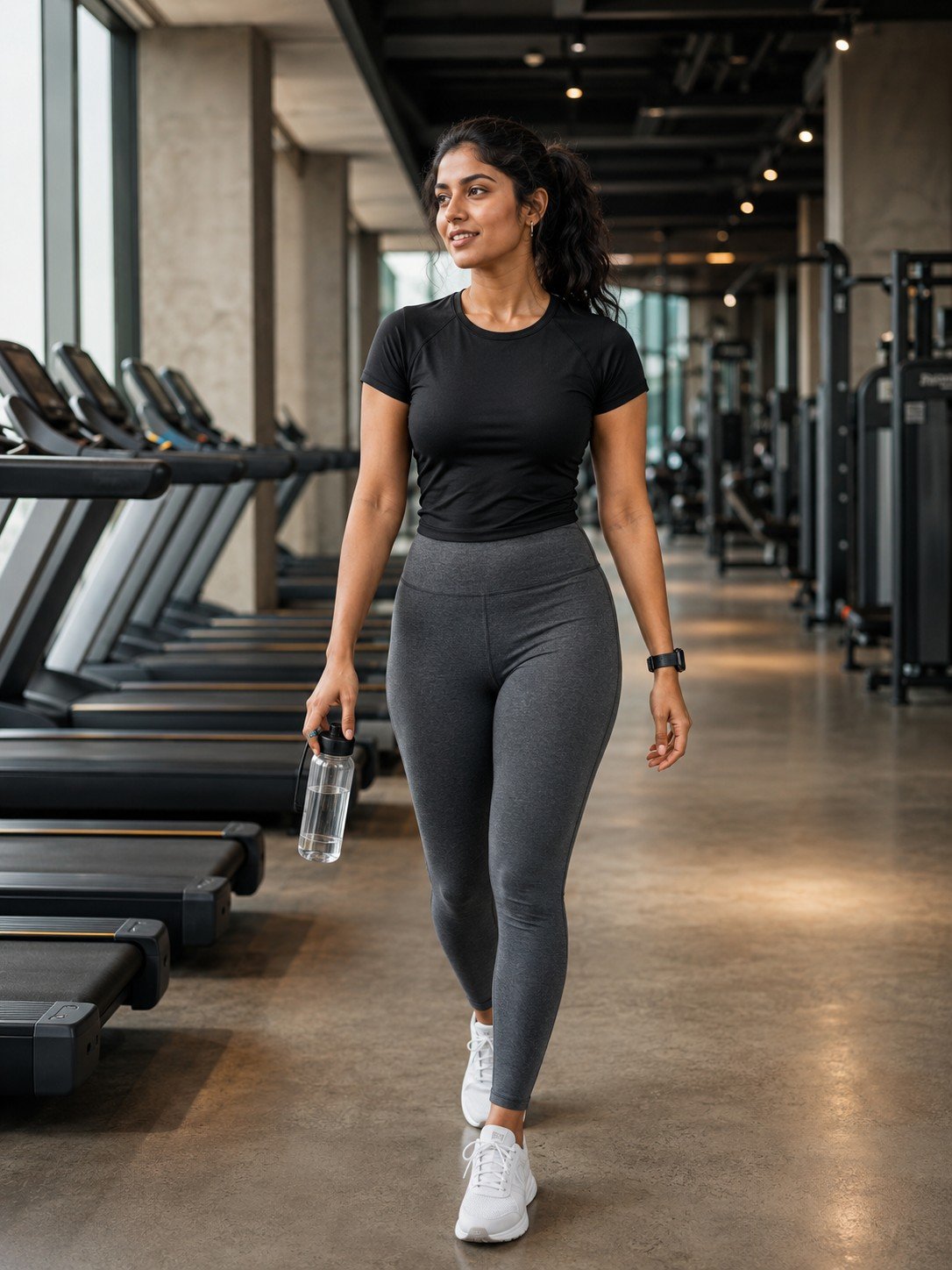 Woman in black and charcoal workout clothes walking through a modern gym