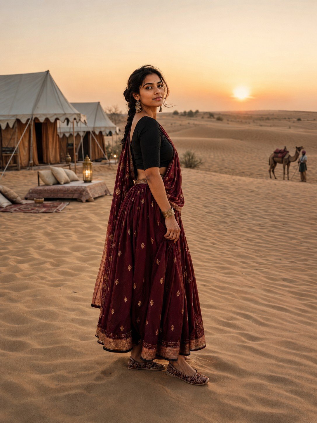 Indian woman in a maroon outfit near a Rajasthan desert camp at sunset