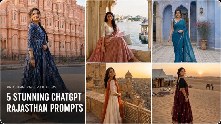 Collage of five ChatGPT Rajasthan travel photo prompts featuring Jaipur, Udaipur, Jaisalmer and desert portraits