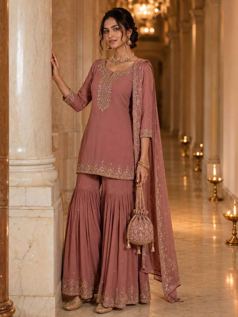 Young Indian woman in a dusty rose sharara dress inside a marble palace generated with a ChatGPT photo prompt