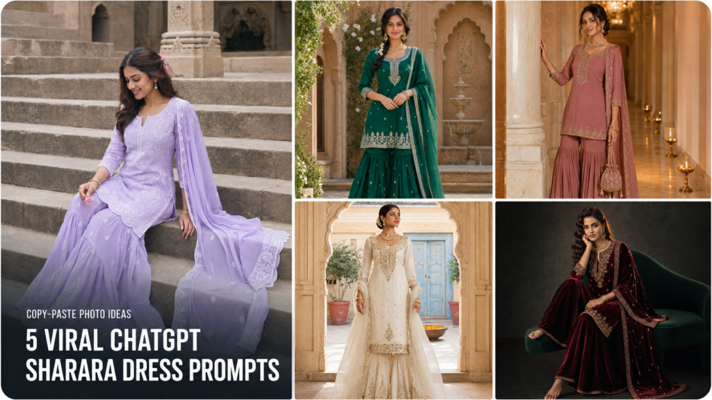 Five viral ChatGPT sharara dress photo prompts for girls featuring Indian fashion portrait ideas