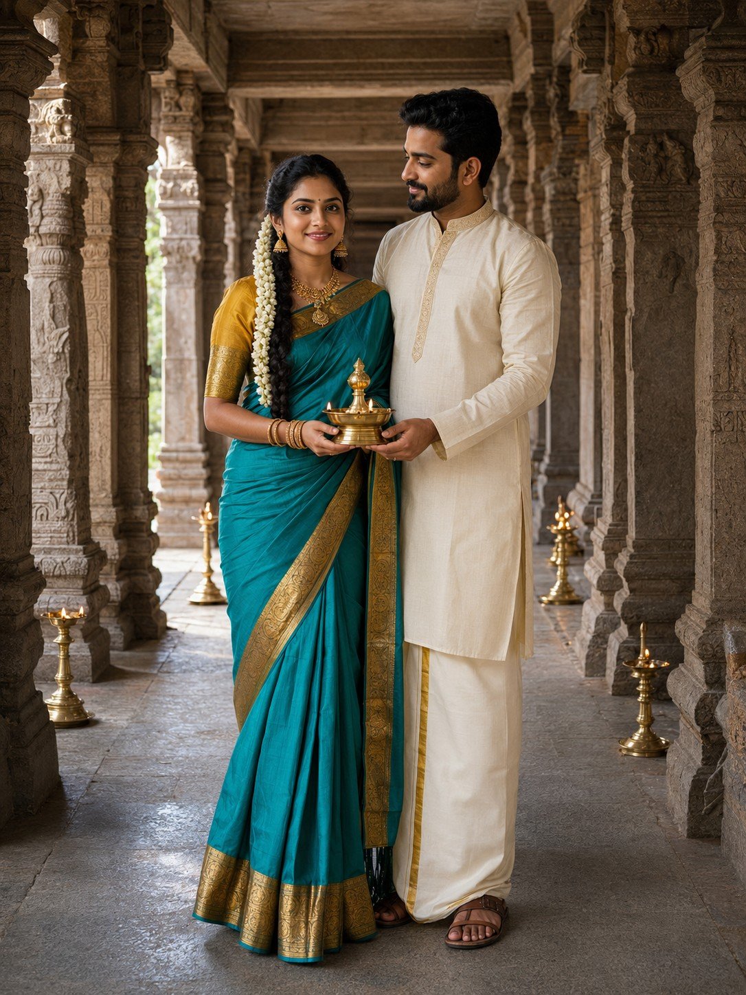 South Indian couple in traditional clothes holding a brass lamp inside a temple corridor