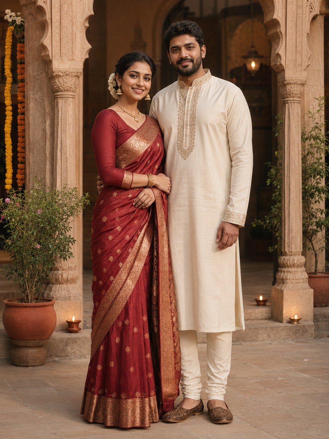 Traditional Indian couple in a crimson saree and ivory kurta inside a twilight haveli
