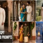 Collage of five ChatGPT traditional couple photo prompts featuring haveli, temple, garden, village and lakeside portraits