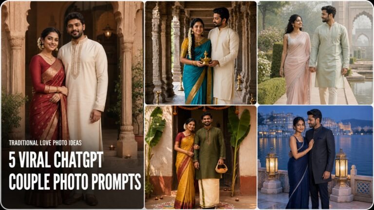 Collage of five ChatGPT traditional couple photo prompts featuring haveli, temple, garden, village and lakeside portraits