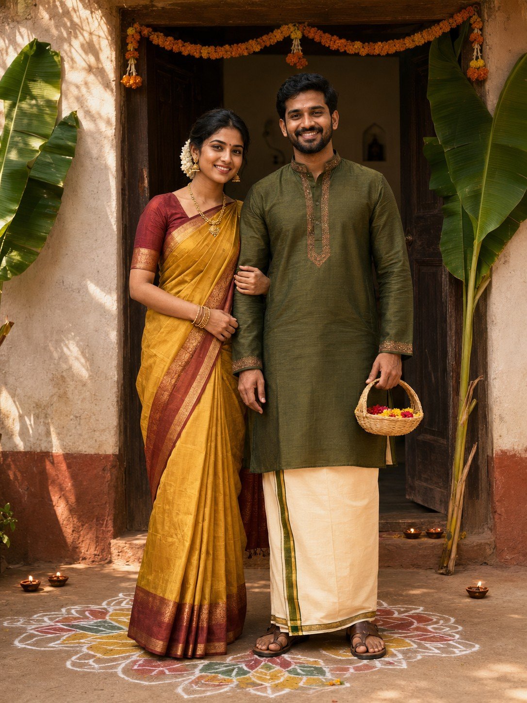 Traditional Indian couple in mustard and olive outfits at a decorated village home