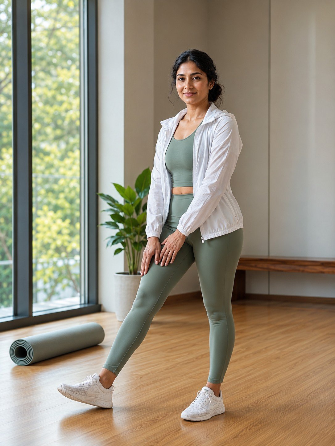 Woman in a sage green athletic set stretching inside a bright wellness studio
