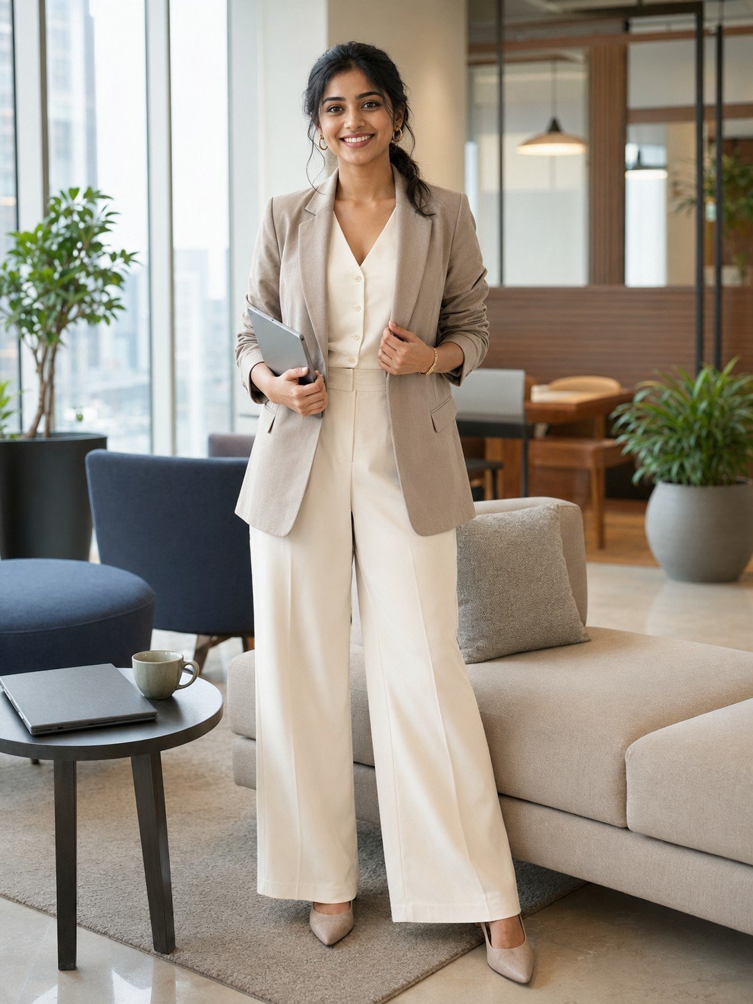 Professional woman in a cream co-ord set standing inside a co-working lounge