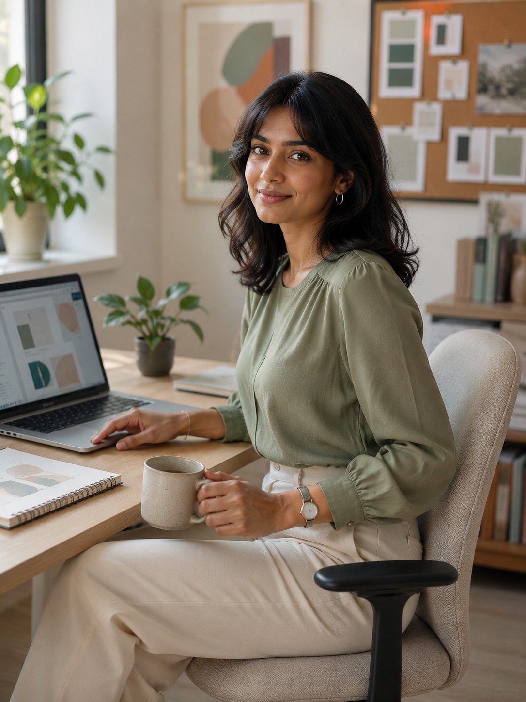 Professional woman in a sage blouse working at a creative agency desk