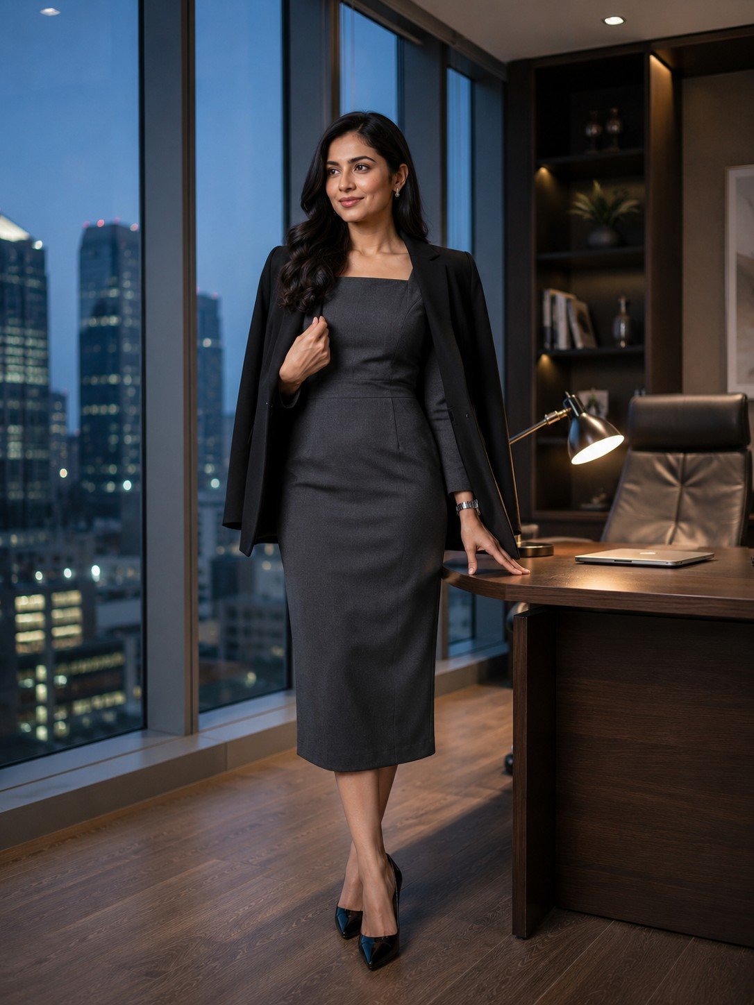 Professional woman in a charcoal dress standing beside an executive office window