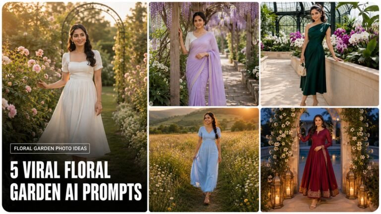 Collage of five floral garden AI prompts for girls featuring rose, wisteria, orchid, wildflower and jasmine portraits