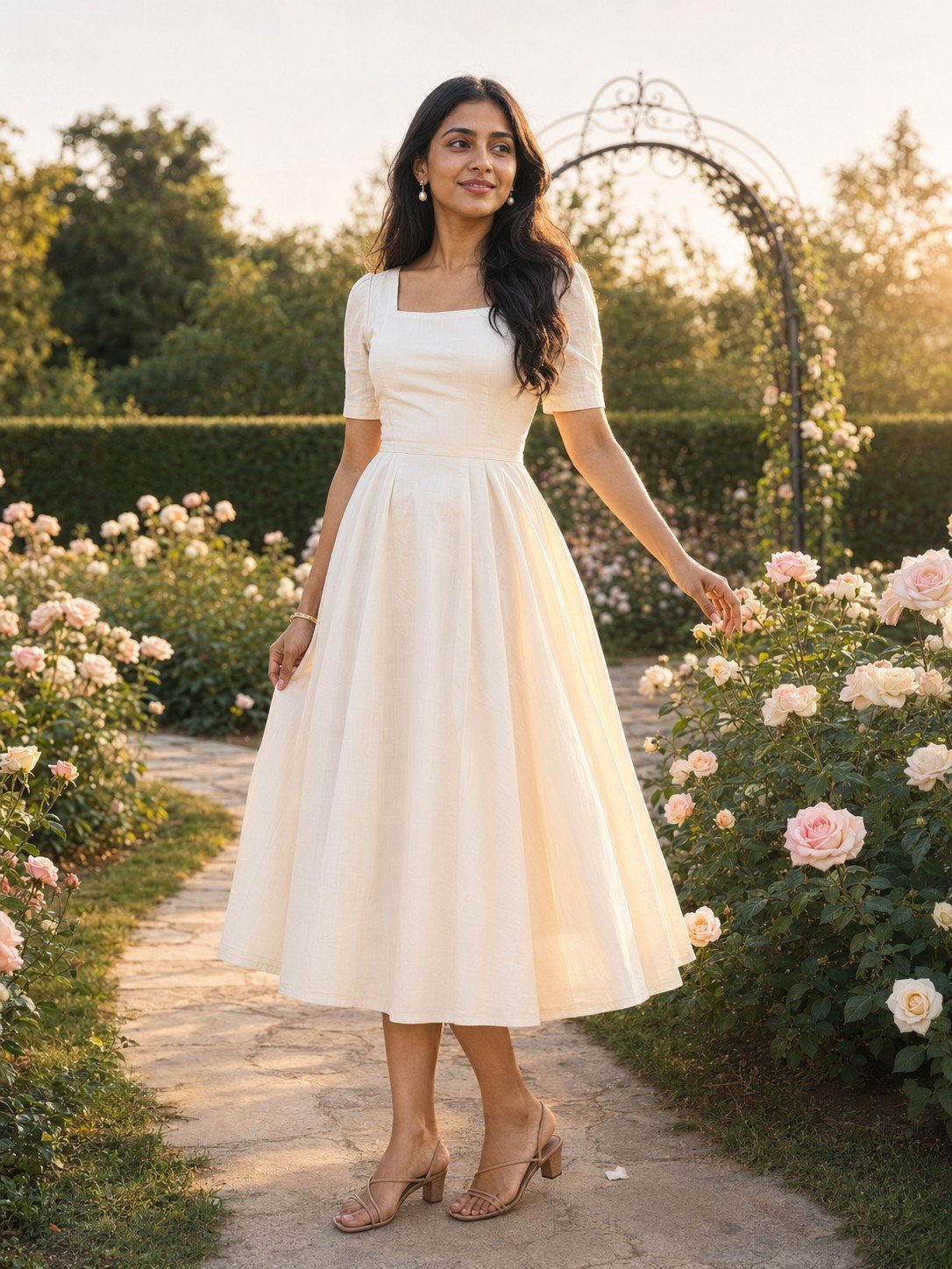 Woman in an ivory dress standing inside a blush rose garden at sunrise