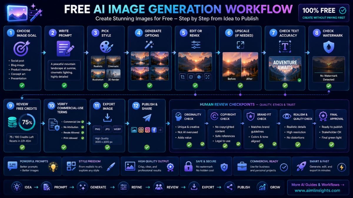 Free AI image generation workflow showing prompt writing, style selection, image editing, watermark checks, credit review, commercial-use verification, and export