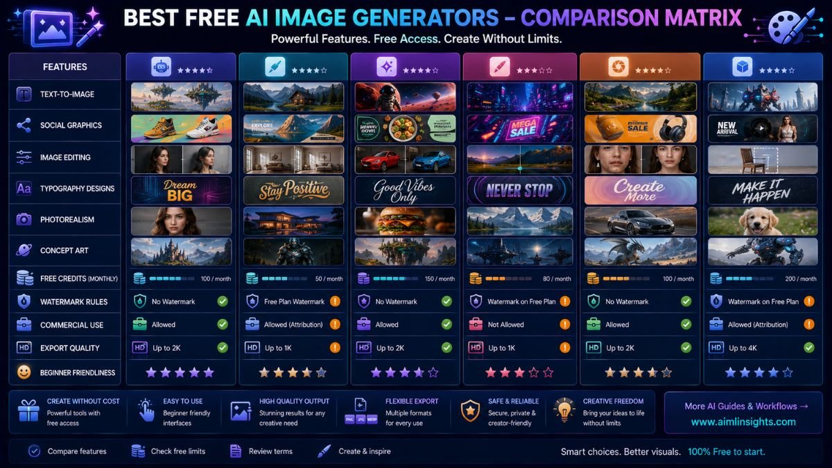 Comparison matrix of free AI image generators for text-to-image, image editing, typography, photorealism, free credits, watermark rules, and commercial use
