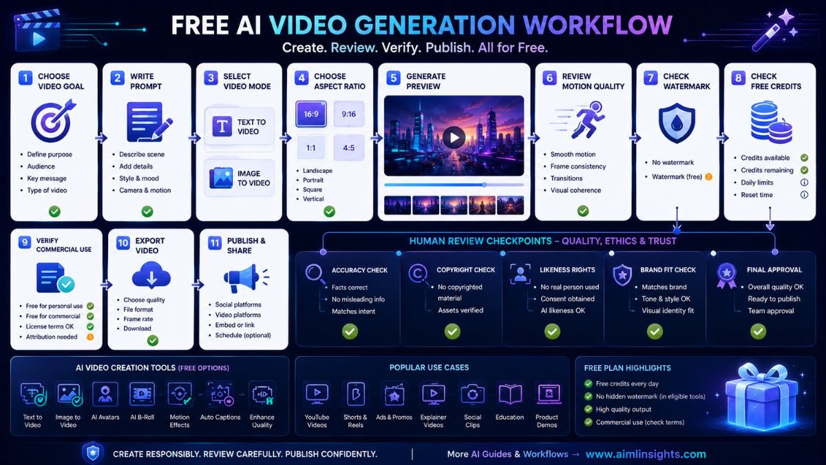 Free AI video generation workflow showing prompt writing, text-to-video, image-to-video, free credits, watermark review, licensing check, and export