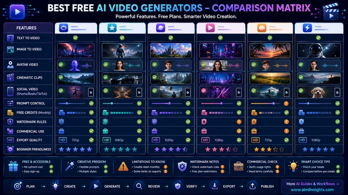 Comparison matrix of free AI video generators for text-to-video, image-to-video, avatar video, free credits, watermark rules, and export quality