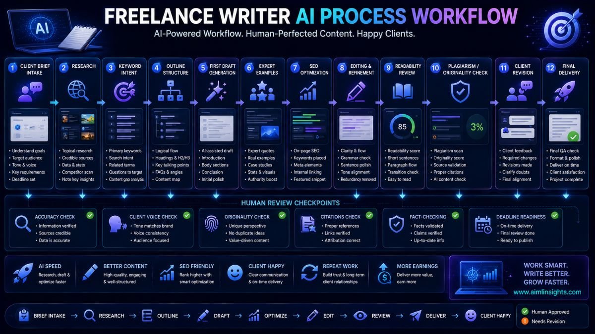 Freelance writer AI workflow showing client brief intake, research, outline, draft, SEO optimization, editing, originality check, revisions, and delivery