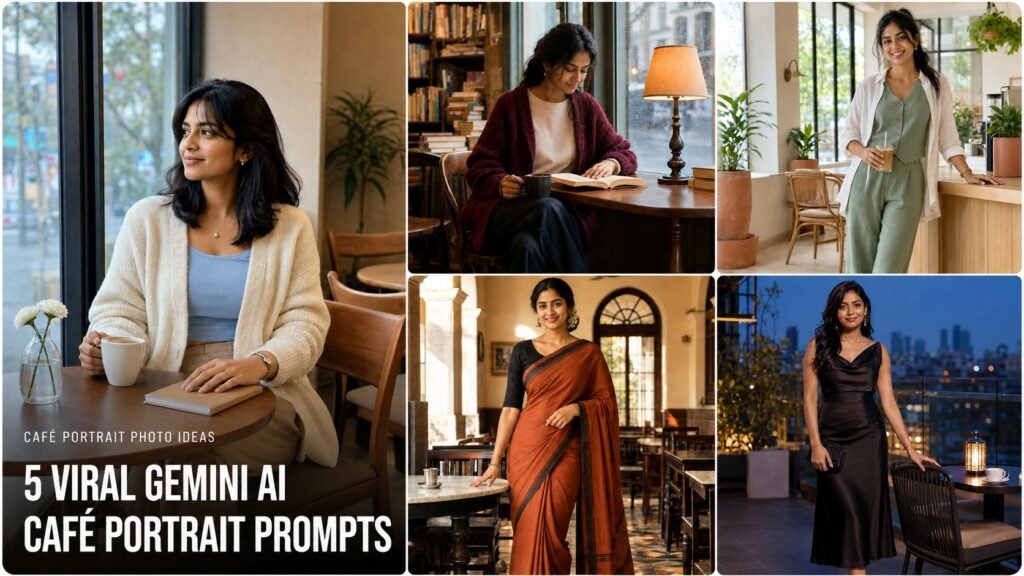 Collage of five café portrait Gemini AI prompts for girls featuring window, book café, botanical, heritage and rooftop scenes